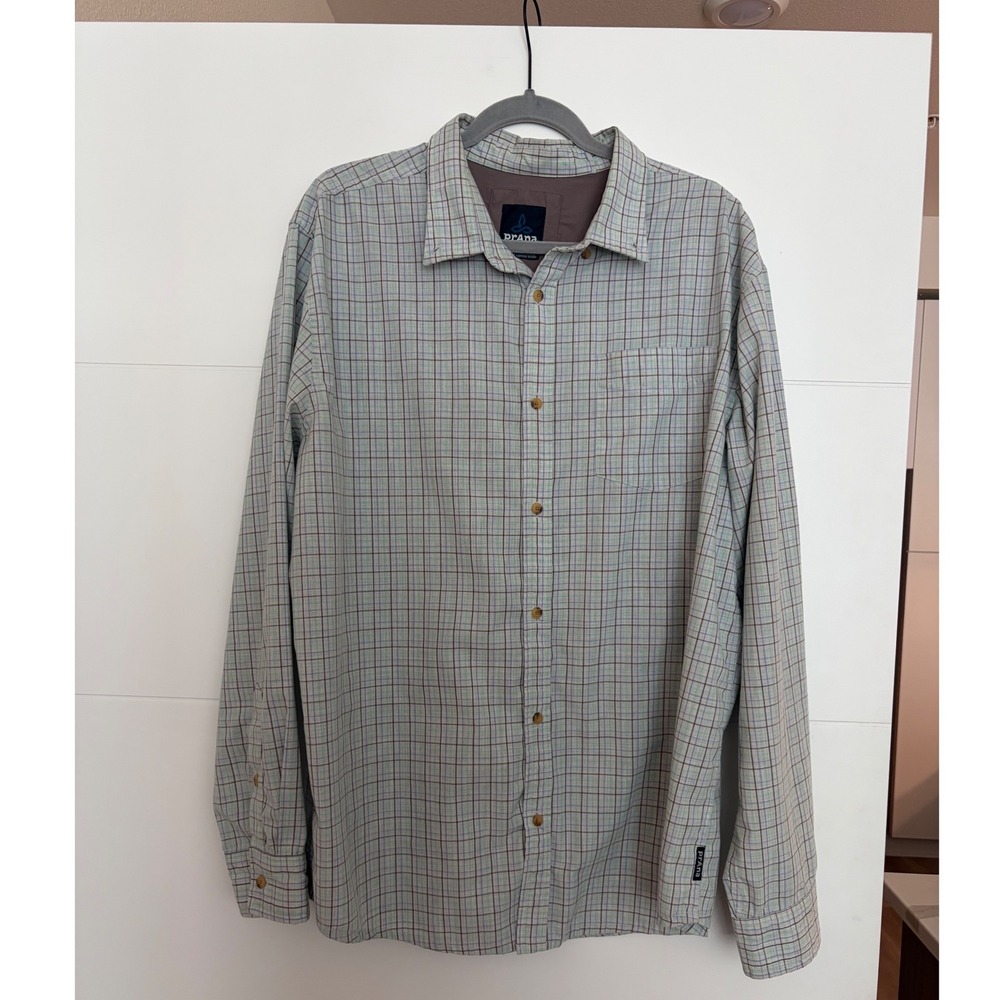 Prana Men XL Plaid Long Sleeve Button Down Shirt Blue Tan Pocket Outdoor Camping